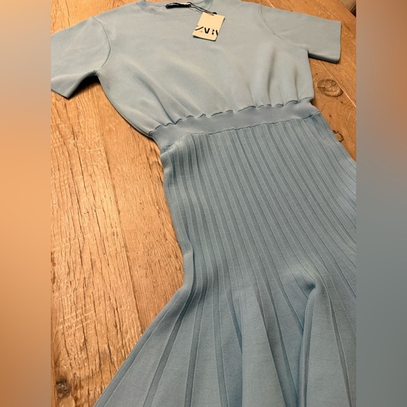 Zara Light Blue Mini Dress Formal Stretch Knit Flared Skirt Size M NWT - Picture 2 of 10